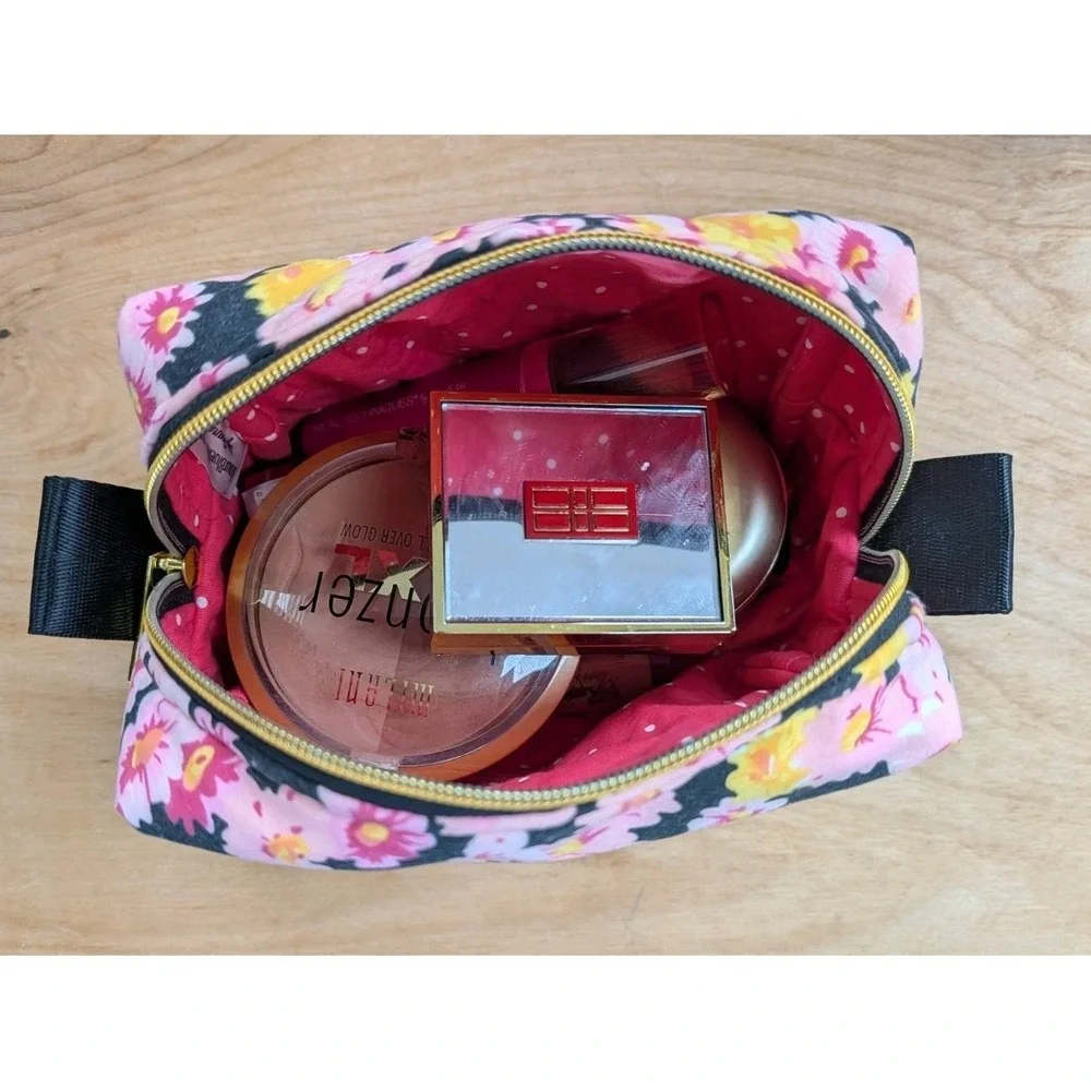 Embroidered MAKEUP Cosmetic Toiletries Pink Daffodils + Matching Key Fob SET
